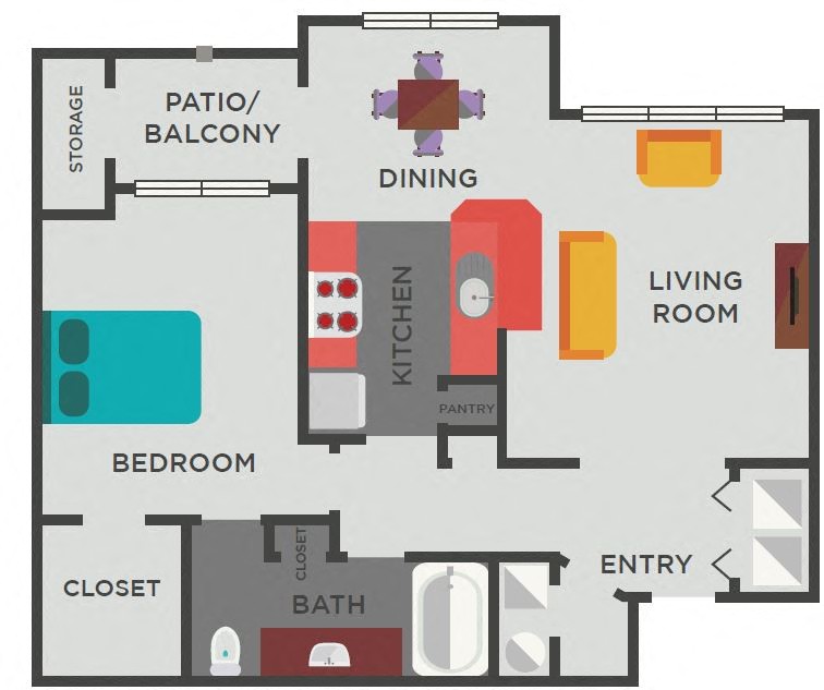 Floor plan for 1 bed, 1 bath, 901 sqft